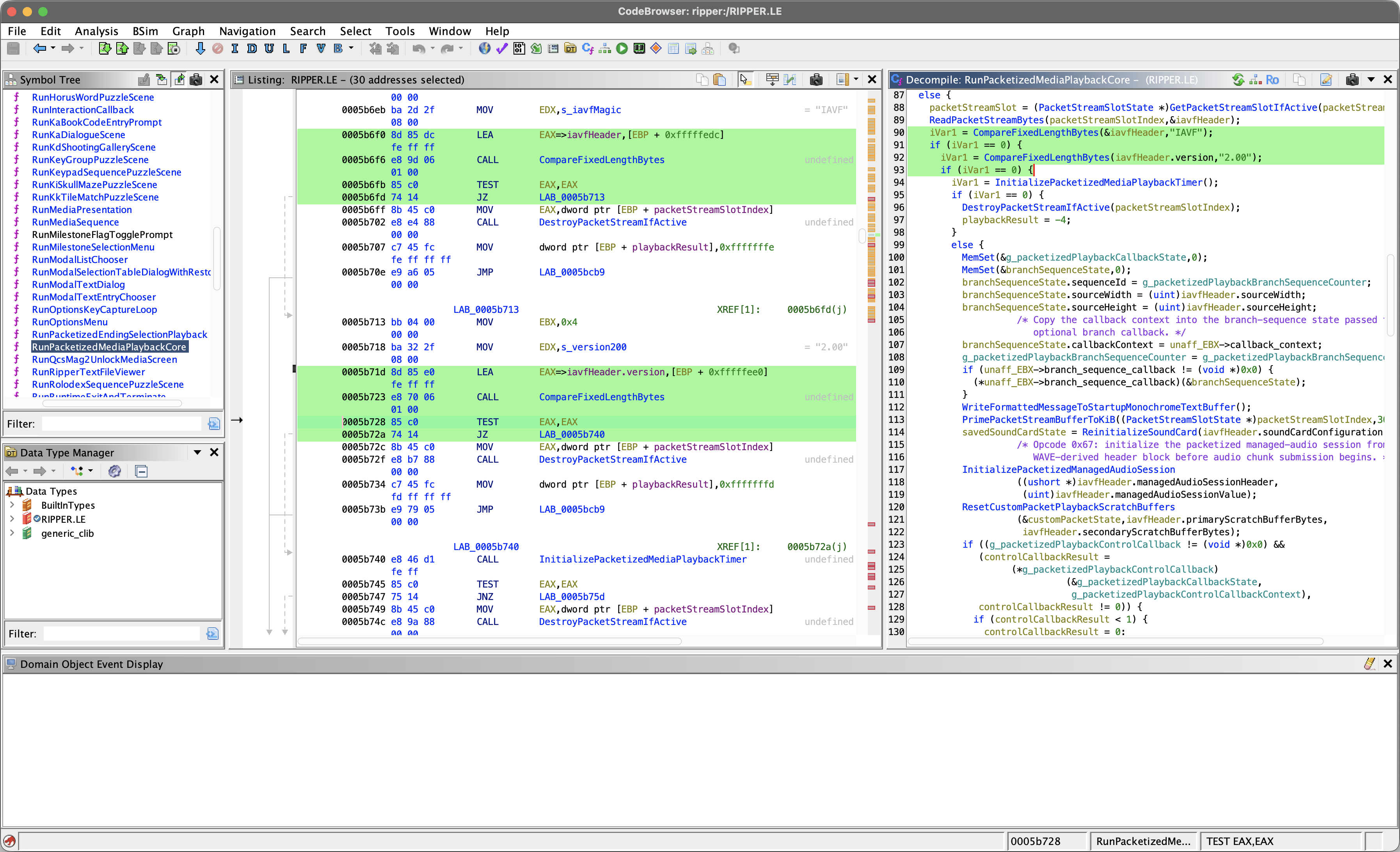 The packetized media playback function open in Ghidra